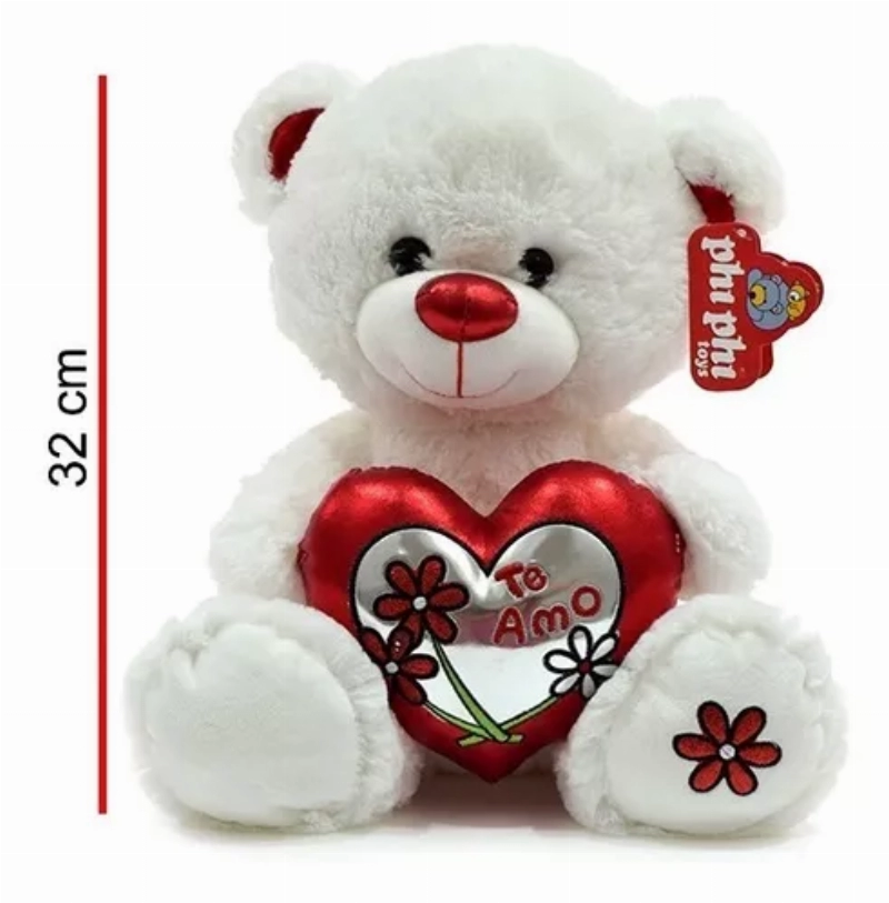 PELUCHE OSO BCO.SENTADO C/COR.32cm. PHI PHI