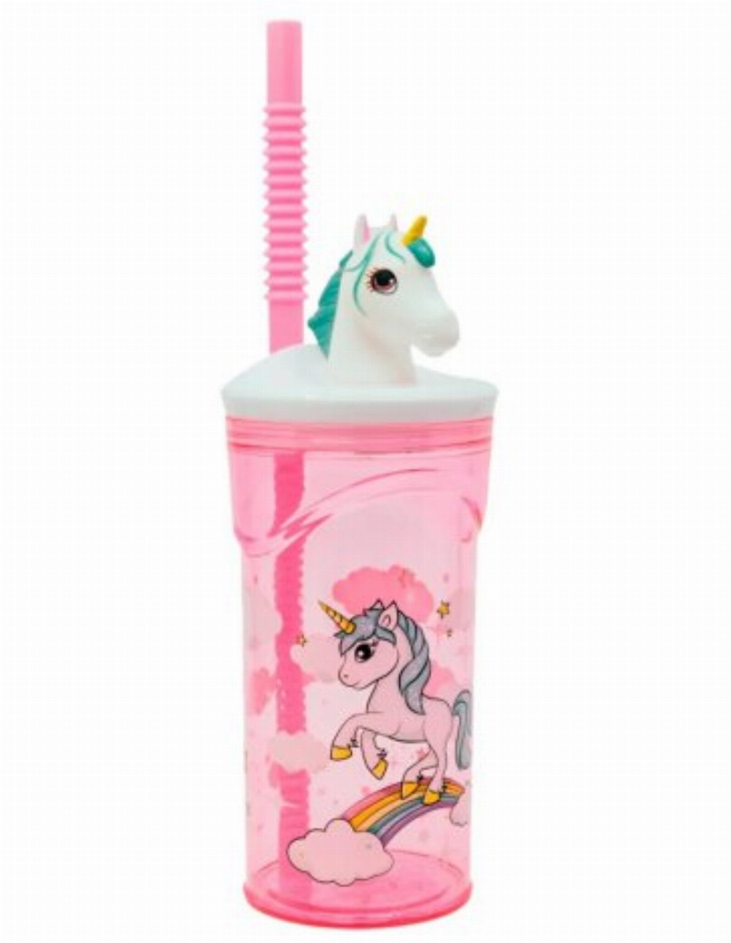 VASO 360ml.C/TAPAyPICO 3D FIGURIN UNICORN
