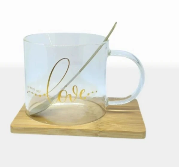 TAZA DE VIDRIO C/PLATO y CUCHARITA LOVE