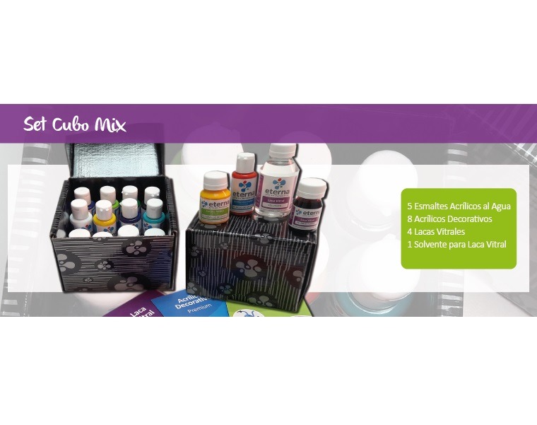 SET CUBO MIX ACRILICO+ESMALTE+LACA VITRAL