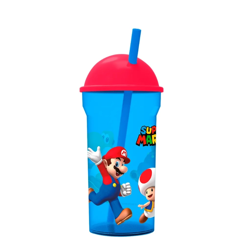 VASO 460ml.C/TAPAyPICO SUPER MARIO