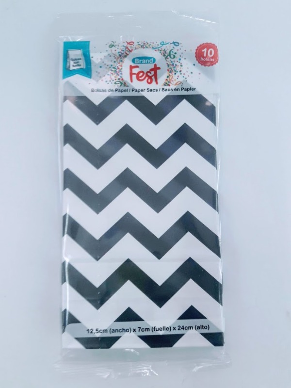SOBRE REGALO 12.5x07x24cm.x10u.NEGRA/LUNAR NEGRO/ZIG ZAG NEGRO