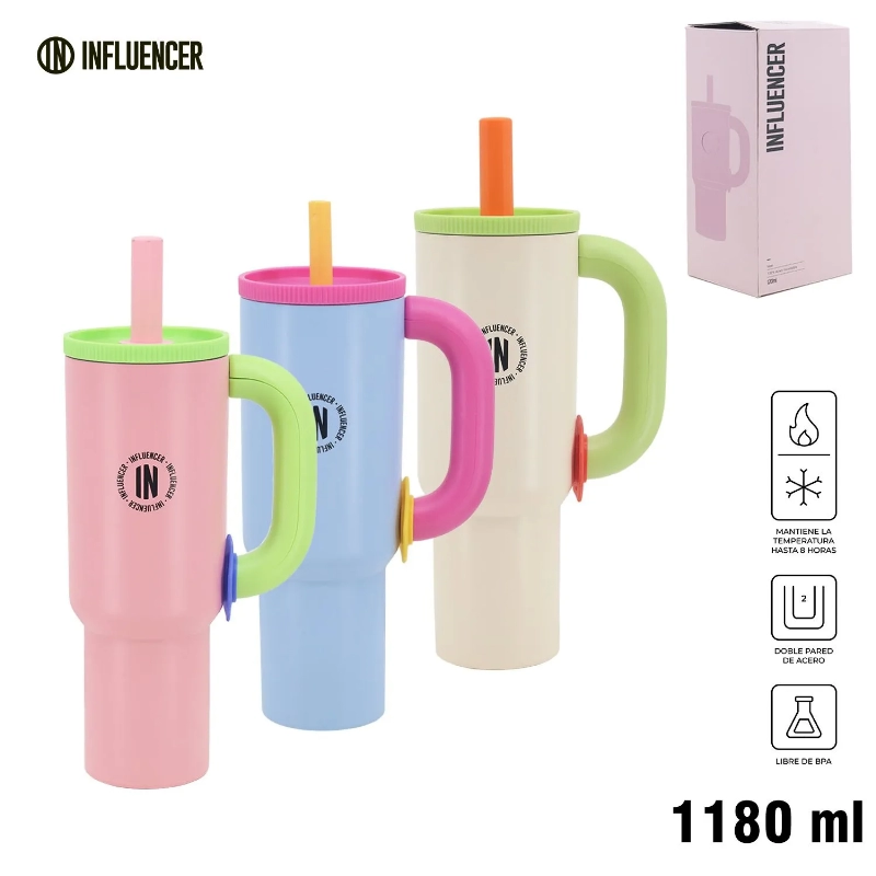 VASO TERMICO 1180ml. C/PAJITA COLOR INFLUENCER
