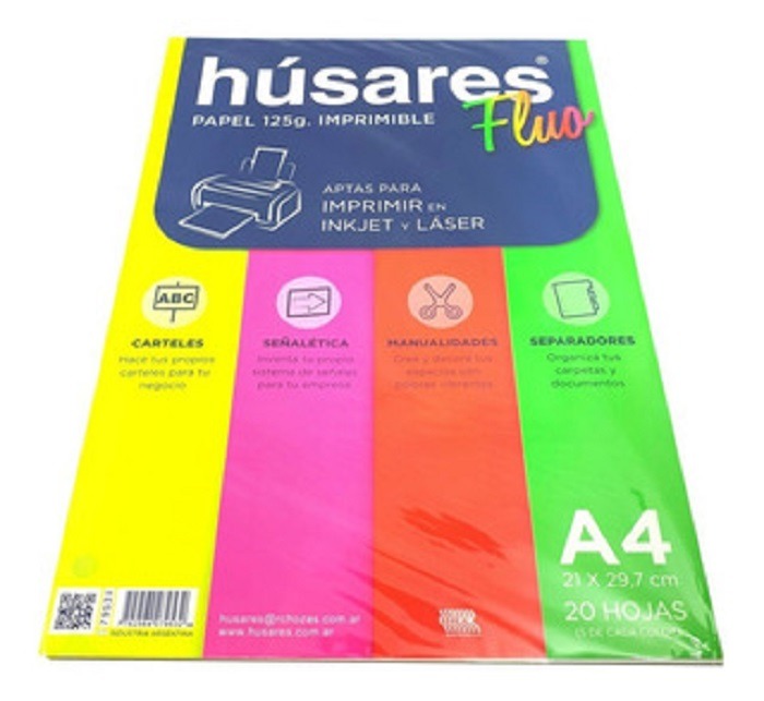 PAPEL A4 125grs.x20hjs.FLUO 4 COL. HUSARES