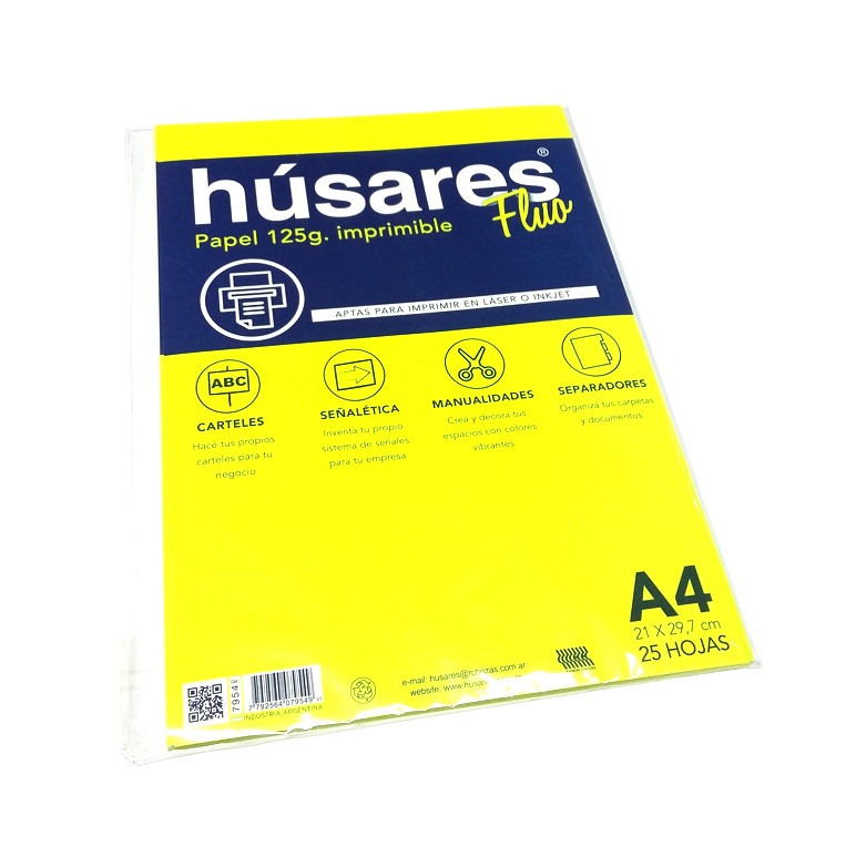 PAPEL A4 125grs.x25hjs.FLUO AMARILLA. HUSARES