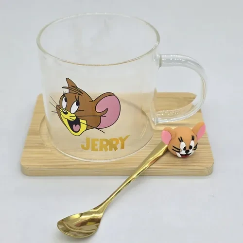 TAZA DE VIDRIO C/PLATO y CUCHARITA TOMyJERRY