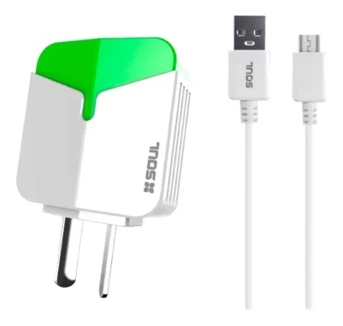 CARGADOR 2 SALIDA USB CABLE "C" BLCO/VERD SOUL