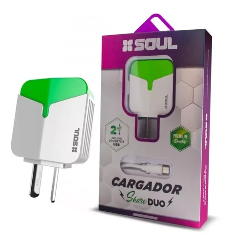 CARGADOR 2 SALIDA USB CABLE LIGH BLCO/VERD SOUL