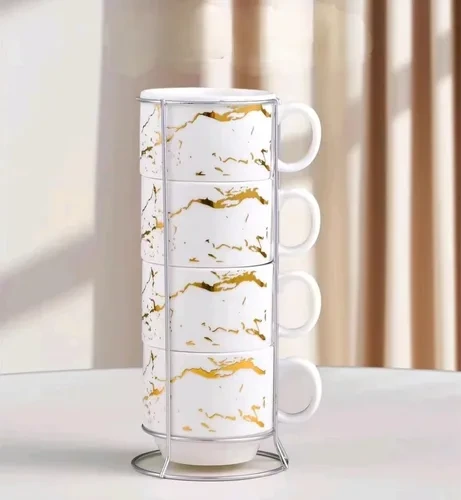 SET TAZA DE CAFE x4u.APILABLES MARMOL BCO/ORO